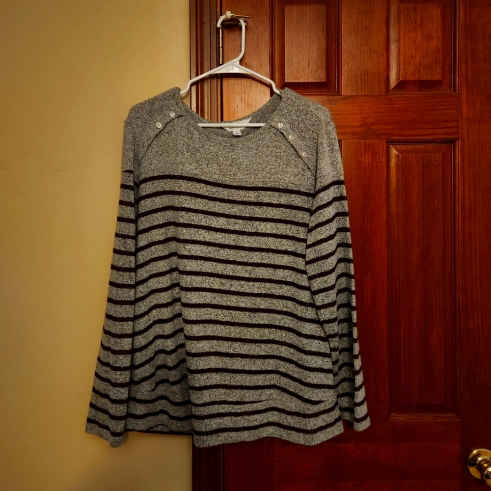 Market & Spruce lightweight sweater, gray with purple stripes, size 1X.